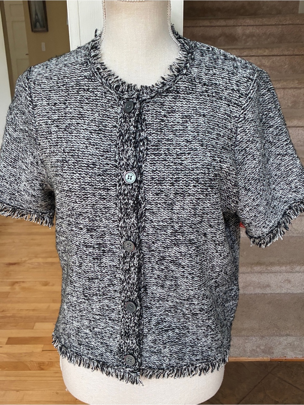 J. Crew Black and White Tweed Short-Sleeve Fringe Trim Cardigan